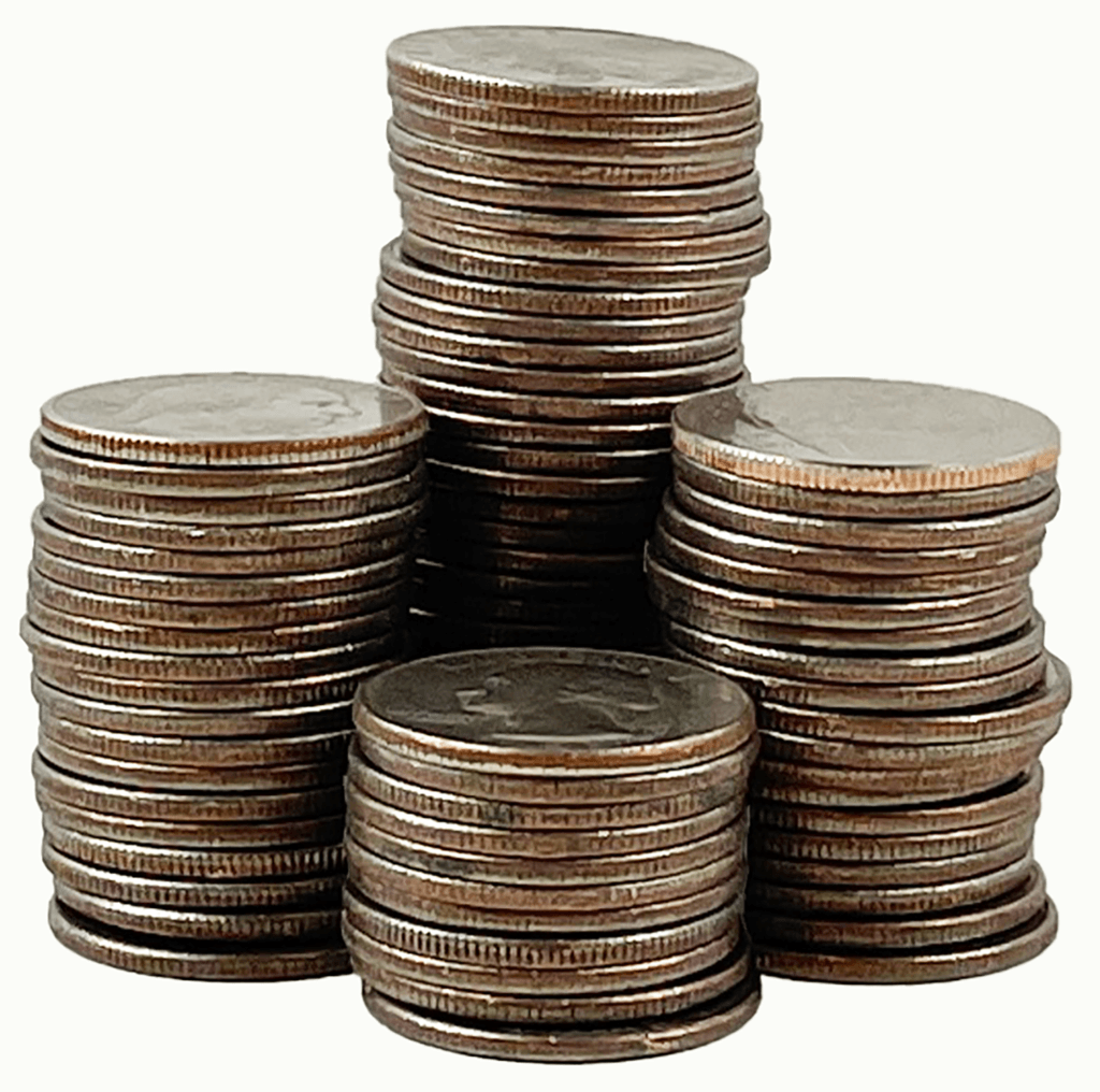 Four unequal stacks of US quarters