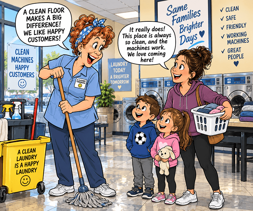 Cartoon: Cleaning Lady haing a plaeasant conversation with customer and children